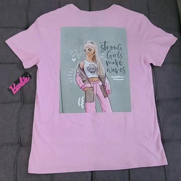 Barbie‎ Strong Girls Make Waves / Pink T-shirt short sleeve SIZE large  NWT - Picture 7 of 8